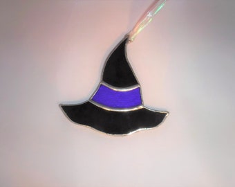 Witch hat stained glass decoration, royal blue and black witch hat