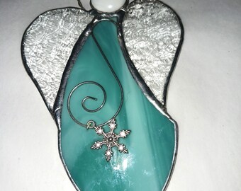 Teal and White Stained Glass Angel Ornament with decorative wirework and snowflake charm