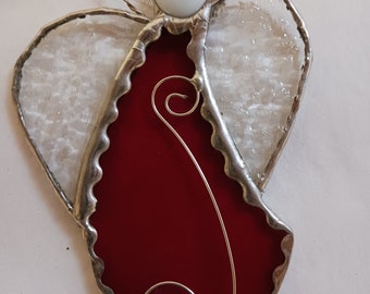 Clear Red Stained Glass Angel Ornament with decorative wirework