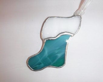 Teal and White Stocking Stained Glass Ornament, package topper