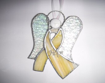 Bright Yellow with wisps of white Stained Glass Ribbon Angel Ornament, Angel Suncatcher