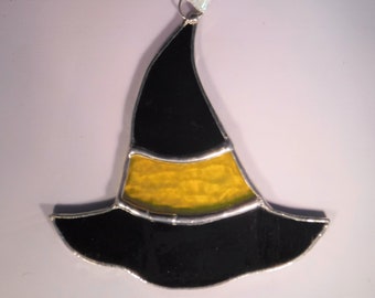 Witch hat stained glass decoration, yellow and black witch hat