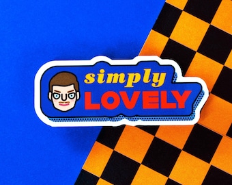 May include: A blue and white sticker with a cartoon illustration of a person's face and the text "simply LOVELY" in yellow, red, and white.