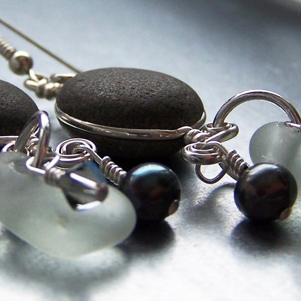 Reserved For Tammy - Beach Stone Treasures - Sea Glass and Lake Stone STERLING Silver EARRINGS