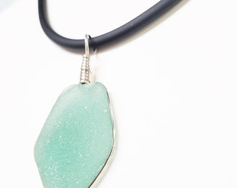 Mermaid Tear - Authentic Teal Seaglass Sea glass Sterling Silver Bezel Wire Wrap Pendant Necklace