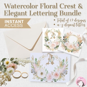 Ensemble écusson floral aquarelle et lettrage de A à Z élégant | Ensemble bohème transparent Clipart PNG