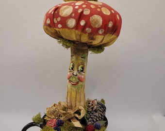 Mr. Mushroom & Wormy Vintage-Inspired stuffed and painted figure