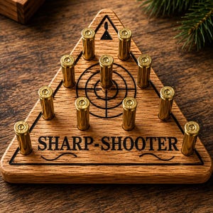 Può includere: Un tabellone da gioco triangolare in legno con la scritta SHARP-SHOOTER e un grafico a bersaglio. Dieci bossoli di proiettile in metallo color ottone sono posizionati verticalmente in fori sulla superficie, disposti come un gioco di pioli.