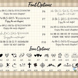 May include: A chart with font and icon options for a customizable design. The font options include 10 different fonts with the text "Enjoy the next chapter!" and the numbers 01233456789. The icon options include 26 different icons, labeled A1 through A26.