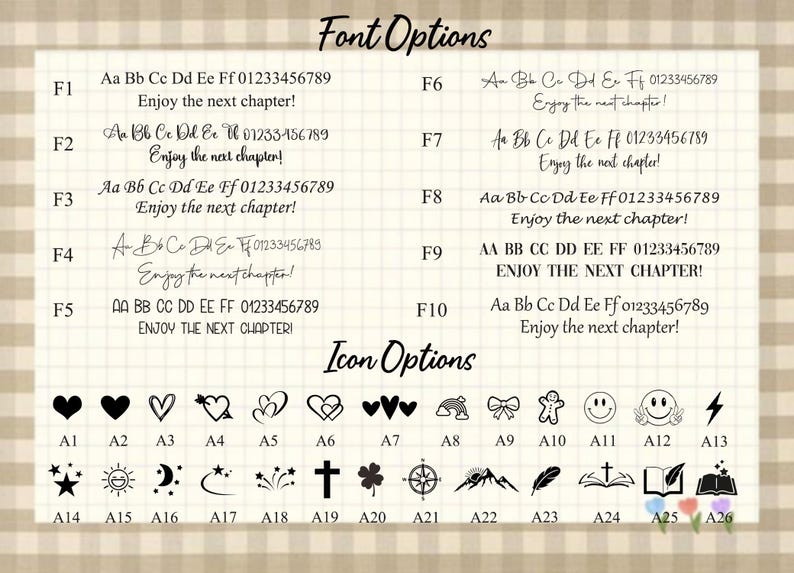 May include: A chart with font and icon options for a customizable design. The font options include 10 different fonts with the text "Enjoy the next chapter!" and the numbers 01233456789. The icon options include 26 different icons, labeled A1 through A26.