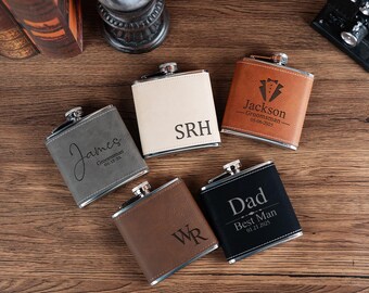 Personalized engraved leather flask for men - the best gift for groomsmen, Custom Engraved Flask for Father