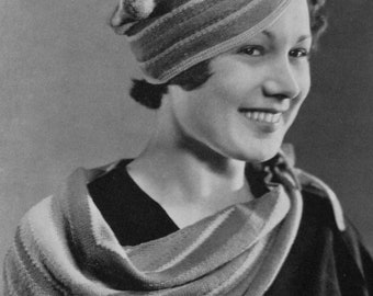 Adorable Vintage 1930s Cowl Scarf and Clown Hat - Vintage Knitting Pattern - 1930s Style