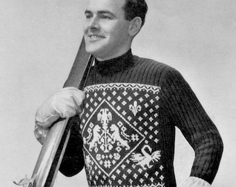 Stunning 1940s Men's / Unisex Heraldic Fair Isle Sweater - Vintage Knitting Pattern - PDF eBook