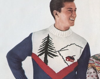 Men's Tree Sweater / Ski Sweater - Vintage 1950s Knitting Pattern - PDF eBook