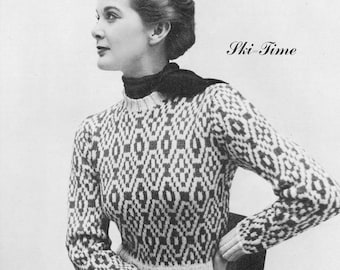 1950s Sweater Pattern - Vintage Knitting - Ski Time - Intarsia Knitting