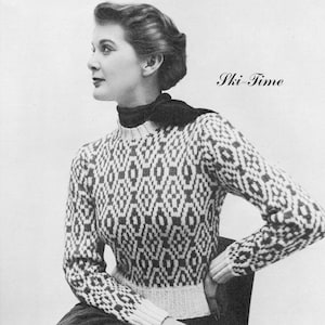 1950s Sweater Pattern - Vintage Knitting - Ski Time - Intarsia Knitting