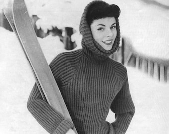 1950s Ribbed "Slalom" Hoodie - Vintage Knitting Pattern - PDF eBook - Vintage Knitted Sweater - Turtleneck - Ski Sweater