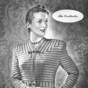 May include: A black and white photograph of a woman wearing a striped knitted cardigan with buttons. The cardigan has a fitted waist and a V-neck. The woman is holding a cigarette in her right hand. The text "The Cocktailer" is written in a speech bubble above her head.