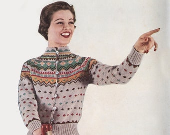 Ladies' Fair Isle Ski Cardi - Vintage 1950s Knitting Pattern - PDF eBook