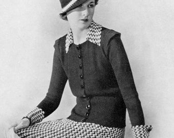 1930s Exclusive Andorra Vintage Knitting Pattern - Two Color Ensemble - PDF eBook