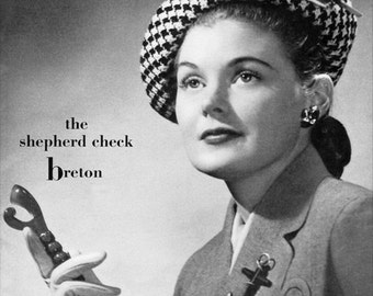 1940s Houndstooth Vintage Knitting Hat Pattern - The Shepherd Check Breton - PDF eBook