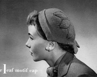 The Leaf Motif Cap, Vintage Knitting Hat Pattern - 1940s - PDF eBook