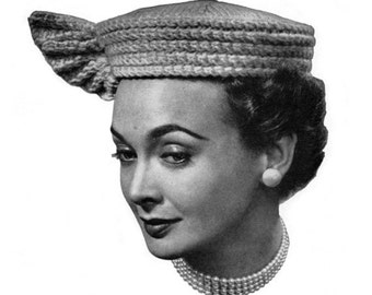 1940s 1950s Vintage Knitted Hat Pattern - Winged Pill Box - PDF eBook