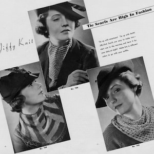 Ascot , Chin-Chucker, and Bib Scarf - THREE Vintage Tie Scarf Crochet and Knitting Patterns - 1934 - PDF eBook