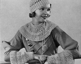 Vintage 1930s Hat, Cape, Collar, & Gauntlet Cuff Set - Vintage Crochet Pattern - 1930s Style