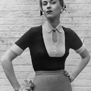 1950s Sweater with Variable Neckline - Vintage Knitting Pattern - PDF eBook
