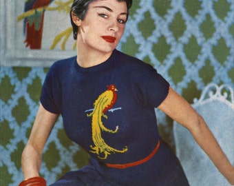 50s Exotic Bird Jumper - Vintage Fair Isle Knitting Pattern - Blouse / Sweater - Digital PDF E-Book