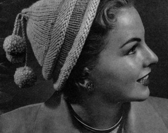 Perky Pom-Poms - Vintage 40s 50s Knitted Hat Pattern - PDF eBook
