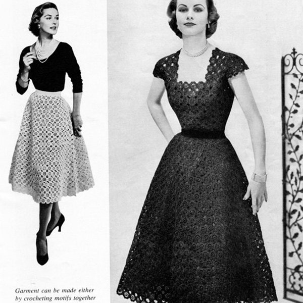 50s Vintage Crocheted Floral Dress - Crochet Pattern - Digital PDF eBook