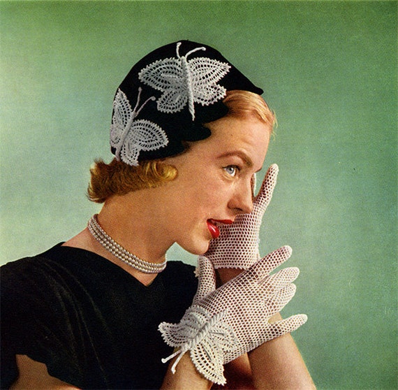 1950s Butterfly Hat and Gloves, Vintage Crochet Pattern Digital