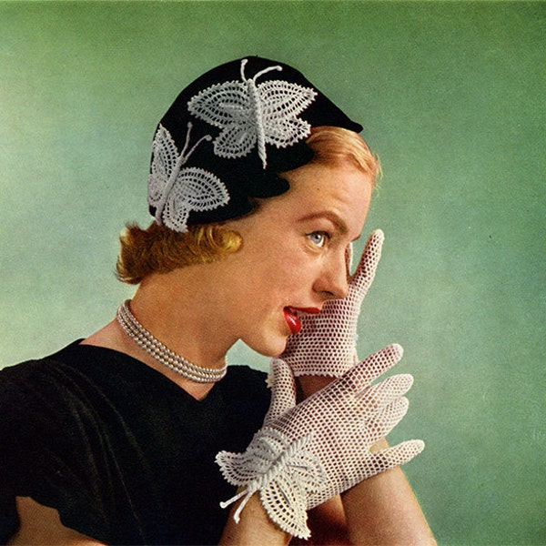 1950s Butterfly Hat and Gloves, Vintage Crochet Pattern - Digital PDF E-Book