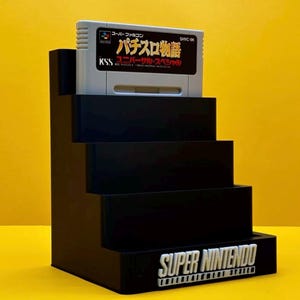 SNES Game Display Super Nintendo Famicom Game Storage display stand Holder organiser accessory for SNES fits 5 games Black and White gamer