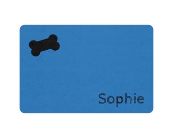 Producto personalizado: tapete de comida para mascotas personalizado, fuente de boceto, color azul