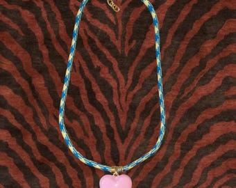 Blue and yellow paracord necklace with puffy pink pastel heart