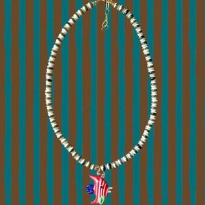 Olive green and white beaded necklace with fish pendant, summer necklace