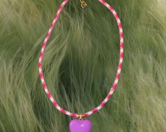 Pink and white paracord necklace with puffy purple pastel heart