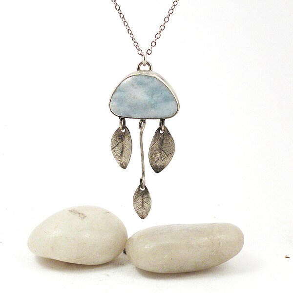 20% Off SALE Jewelry Sterling Silver Druzy Necklace Blue Opal Stone Leaf Cloud Jewellery - Cumulus Necklace