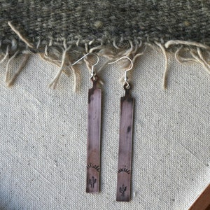 Lightweight Copper Strip Dangle Earrings. Cactus stamp details. Mixed metal.  Desert vibes