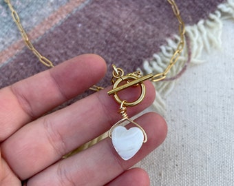 Gold Tone Paper Clip Toggle Chain W/ Mother of Pearl Heart Bead