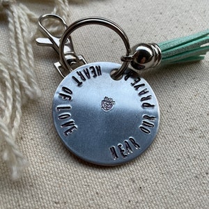 Immaculate Heart of Mary Keychain. Aluminum stamped round. Heart of love, hear our prayer.