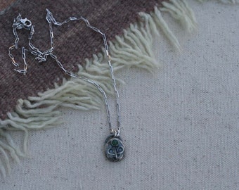Sterling silver paperclip chain. 18” length. Silver nugget flower charm, aventurine green stone. Ooak