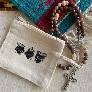 Three Holy Hearts Rosary Pouch. small canvas zipper pouch. sacred heart. immaculate heart. chaste heart. holy family