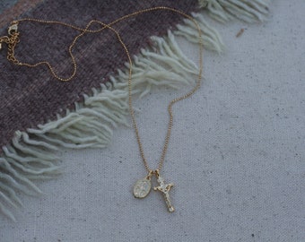 Gold devotional necklace. 16k Gold Plate. Dainty. Catholic Gift. Crucifix + Miraculous medal. 18-20” adjustable