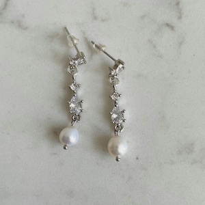 Pearls diamond drop earrings, silver bridal earrings, wedding earrings for bride, bridesmaid gift, pearl bridal earrings, gift for her