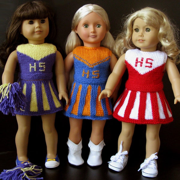 Knitting Pattern with video for AMERICAN GIRL 18 inch doll CHEERLEADER outfit (050)