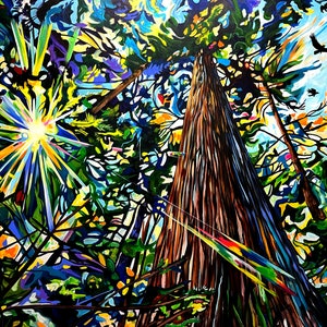 Impressions artistiques de forêt de cèdres et de corbeaux sur toile, papier, acrylique ou bois : peinture par Taralee Guild 12 x 8 po. 18 x 12 po. 24 x 16 po. 30 x 20 po. 36 x 24 po. 42 x 28 po. ou 48 x 32 po.